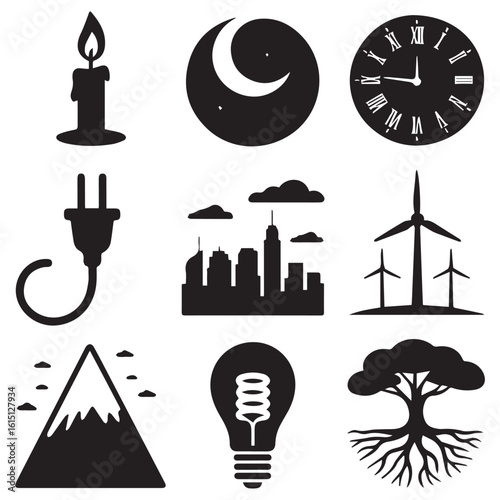 Collection of black silhouette icons representing energy sources and environmental concepts including a candle moon clock plug city skyline wind turbines mountain light bulb and tree