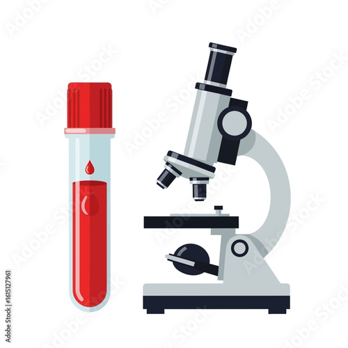 Blood sample in test tube beside a laboratory microscope.