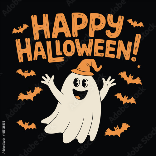 Happy Halloween ghost and bats orange black