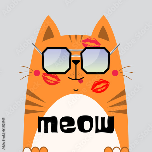 Tapeta Funny orange tabby cat in sunglasses with lipstick kiss marks and Meow text on belly