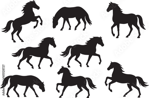 Silhouette of Horses in Various Poses Majestic Black Stallions Equestrian Art Decorative Design Animal Illustration