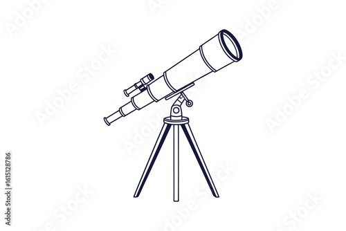 A detailed silhouette drawing of a refracting telescope mounted on a tripod isolated on white background