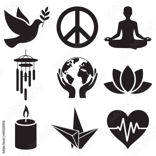 Collection of black silhouettes representing peace harmony spirituality and well being symbols including dove lotus flower meditation and earth