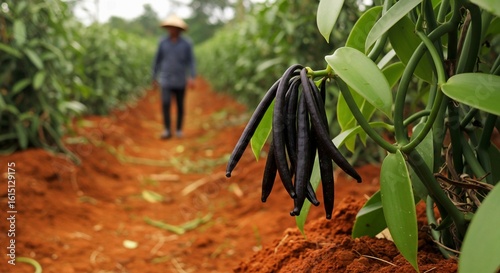 farmer working in the garden, Mexican vanilla farm combines traditional hand harvesting with modern sorting, vacuum sealing technologies. Process preserves rich aromatic flavor of organically grown va