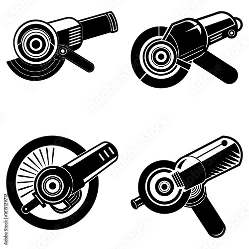 A collection of four black and white illustrations of angle grinders in various orientations and styles