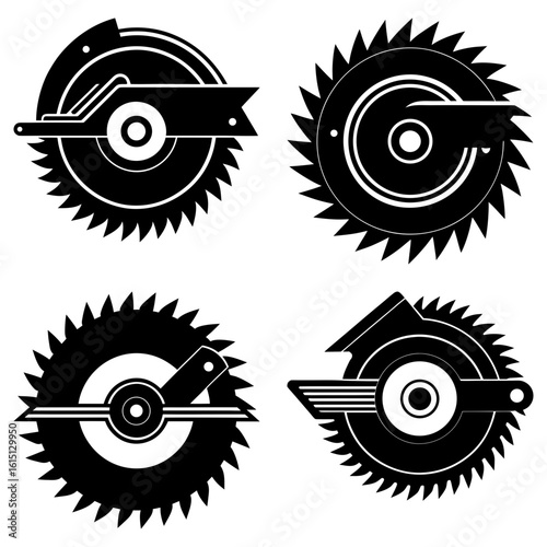 Illustration of four circular saw blades with varying designs and protective guards in a black and white style