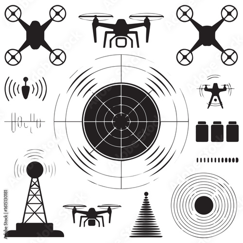 Collection of drone and technology icons featuring aerial vehicles communication towers and signal waves against a white background