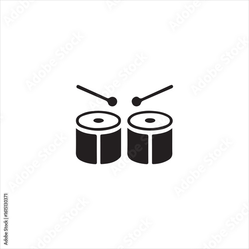 Black icon of two drums and drumsticks on white background percussion musical instrument