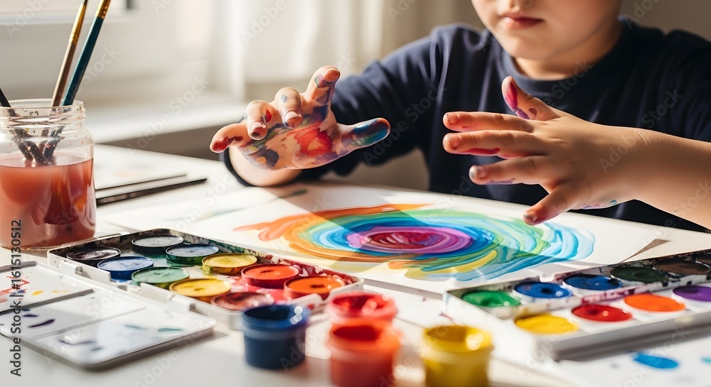 Fototapeta premium Child Painting Colorful Spiral with Watercolors on White Paper at Bright Table