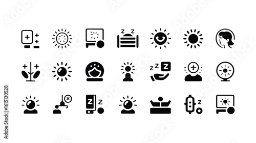 Collection of Sleep and Light Related Black Icons on White Background for Digital Use