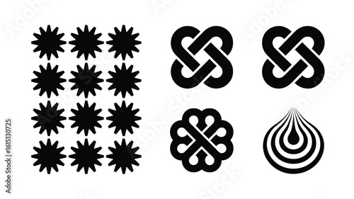 Black Geometric Vector Shapes on White Background Graphic Resource with Abstract Celtic Knots Stars and Waterdrop