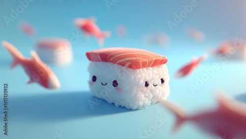 Cute sushi character with a smiling face and salmon topping surrounded by fish shapes on a light blue background. Playful and whimsical