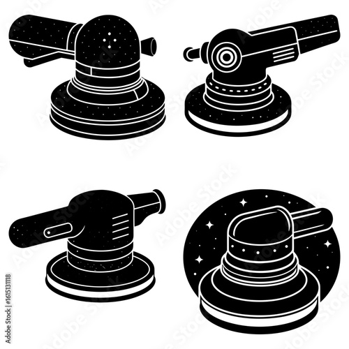 Illustration of four black and white orbital sanders with different designs and orientations shown here