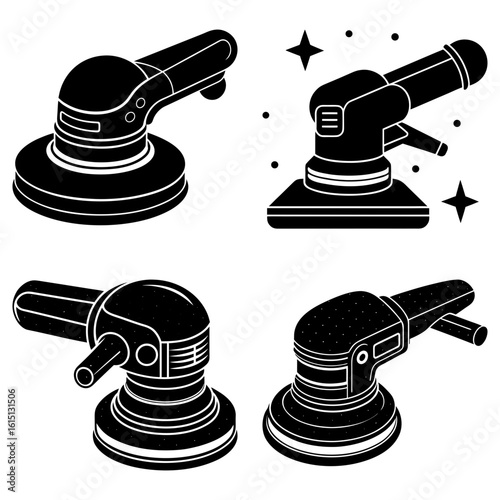 Four black and white illustrations of orbital sanders in different angles and perspectives on white surface