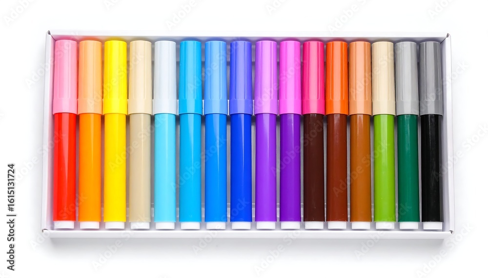 Obraz premium Vivid Rainbow of Markers: A Colorful Array in a White Box, Top-Down View
