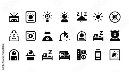 Sleep Well Icons Set Showing Bedtime Routine and Restful Night for Health and Wellness