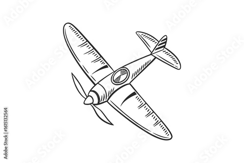 Vintage propeller airplane silhouette hand drawn sketch isolated on white background