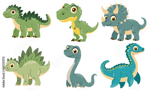 A set of vector illustrations in a simple cartoon style. Cute dinosaurs with big eyes on a white background. Vector illustration