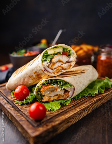 Juicy grilled chicken wrap with fresh veggies and tangy sauce. Tasty fast food. Delicious meal.