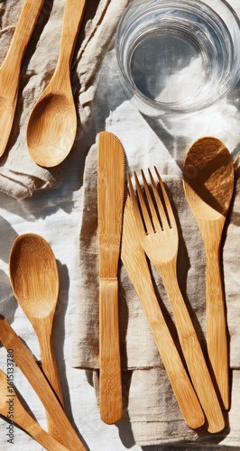 Bamboo cutlery and glass on linen. Overhead shot in natural light, depicting sustainable kitchenware arranged casually. Warm tones and textured fabric