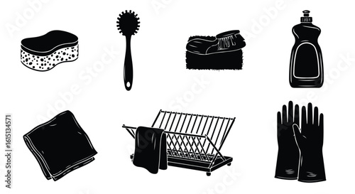 Set of cleaning kit and kitchenware and cookware