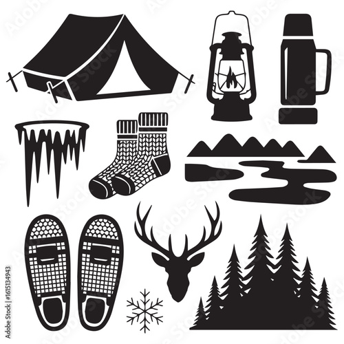 Collection of winter camping and outdoor adventure gear and elements including a tent lantern thermos icicles socks snowshoes deer antlers snowflake and pine trees