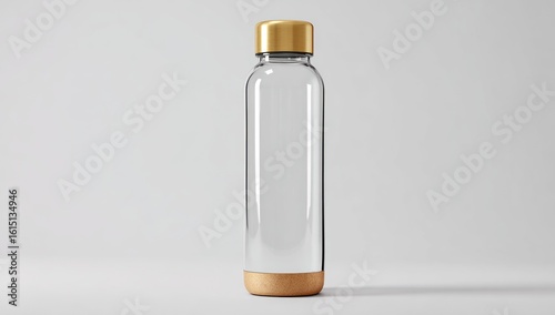 Transparent water bottle with wooden base and gold lid stands against a light background, casting a subtle shadow. Minimalist and modern