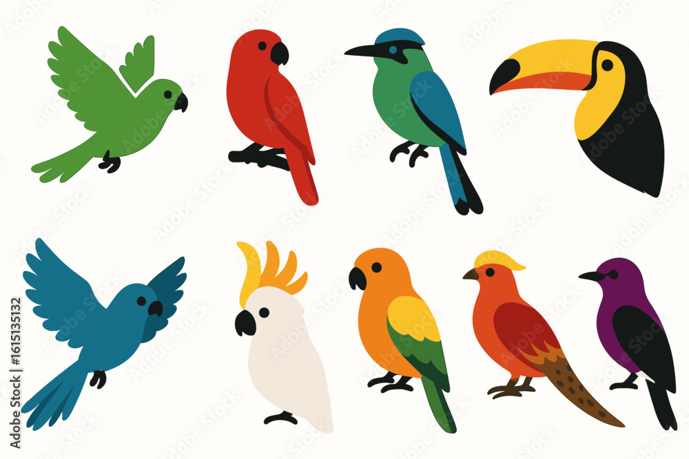 Fototapeta premium Birds, parrots flat icon set. colorful avian graphics collection