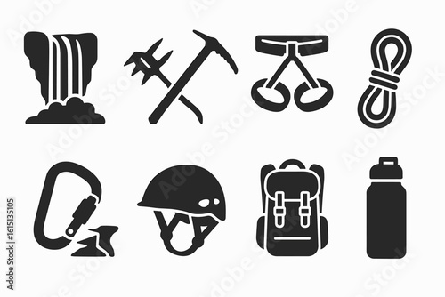 Adventure, outdoor icon set. hiking, climbing equipment solid icons for explorers