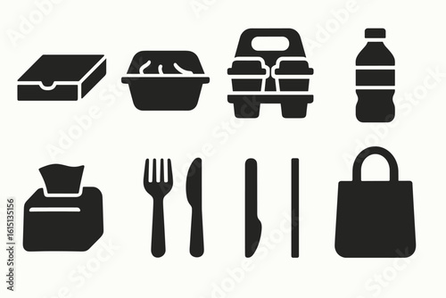 Food delivery silhouette icon set: takeaway, packaging, utensils