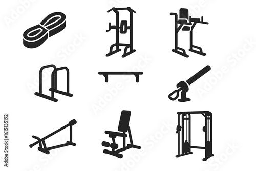 Fitness equipment silhouette icon set. gym, workout, exercise tools silhouette collection