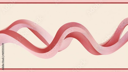 Flowing, ribbon-like structure in shades of pink and cream. The form twists and overlaps against a light backdrop, creating a soft, abstract, and elegant design framed by horizontal rosy stripes