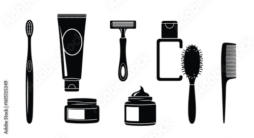 Vector silhouette illustration set. Collection of black and white icons representing personal grooming and hygiene essentials