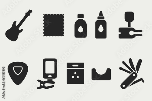Music, guitar accessories solid icon set. picks, tuners, and capos in solid style