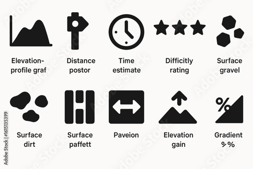 Hiking, outdoor adventure solid icon set. trails, navigation symbols collection