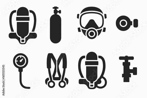 Diving equipment silhouette icon set. scuba gear, underwater tools collection