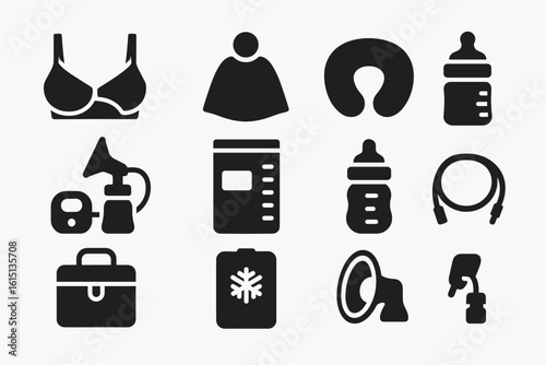 Baby care silhouette icon set. essential newborn and motherhood symbols collection
