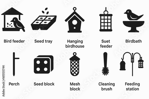 Birdhouse, feeder, birdbath solid icon set. nature, garden symbols collection