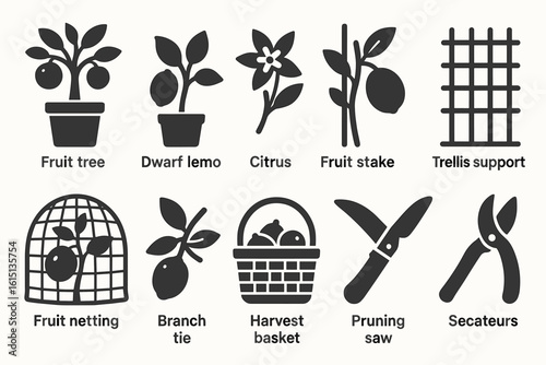 Gardening tools silhouette icon set. essential garden equipment silhouettes