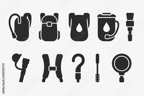 Camping and hiking silhouette icon set. backpacking essentials silhouette collection