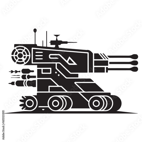 Futuristic armored combat vehicle with multiple cannons and turret in silhouette against white background