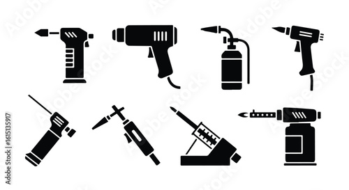Vector silhouette illustration set collection of various blowtorch and soldering iron icons, representing tools for heating and crafting