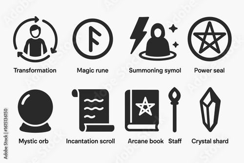 Magic and transformation solid icon set. mystic symbols, enchantments, and artifacts