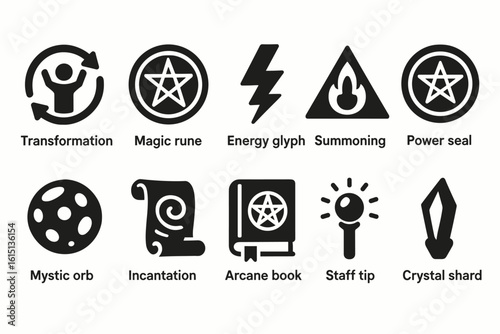 Magic and mystical solid icon set. symbols of magic, runes, and arcane power
