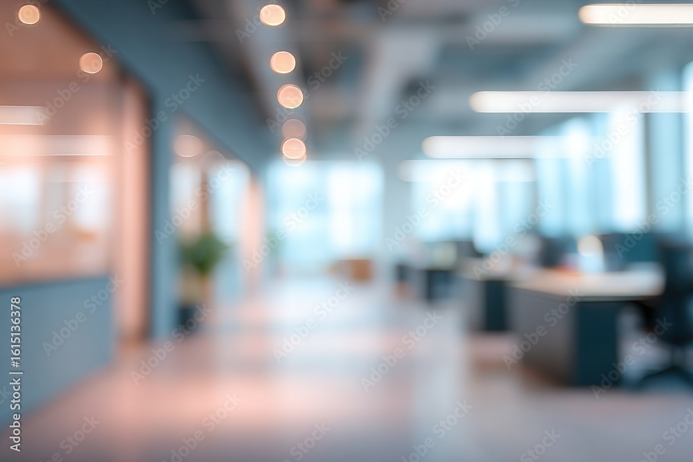 Fototapeta premium Blurred modern office interior with empty workspace