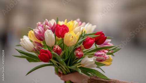 Hand holds colorful tulip bouquet with red, yellow, white, pink, and purple blooms. Blurred background hints at an outdoor setting