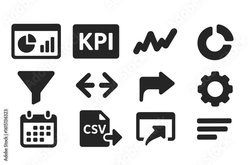 Data analysis and business solid icon set. kpi, chart, graph, dashboard icons collection