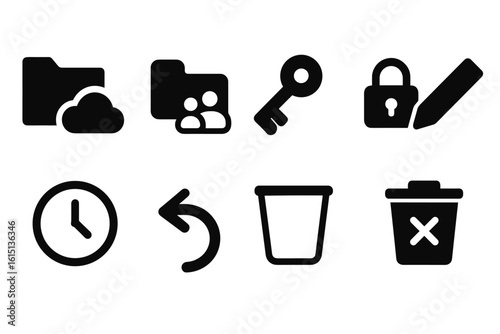 Data management solid icon set. files, folders, security, cloud icons in solid style