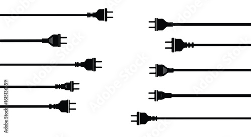 Vector silhouette illustration set. Collection of black electrical plugs and cords arranged in two opposing lines against a white background