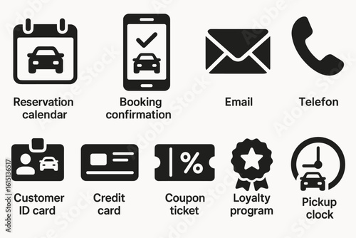 Travel and booking solid icon set. reservation, email, phone, loyalty symbols
